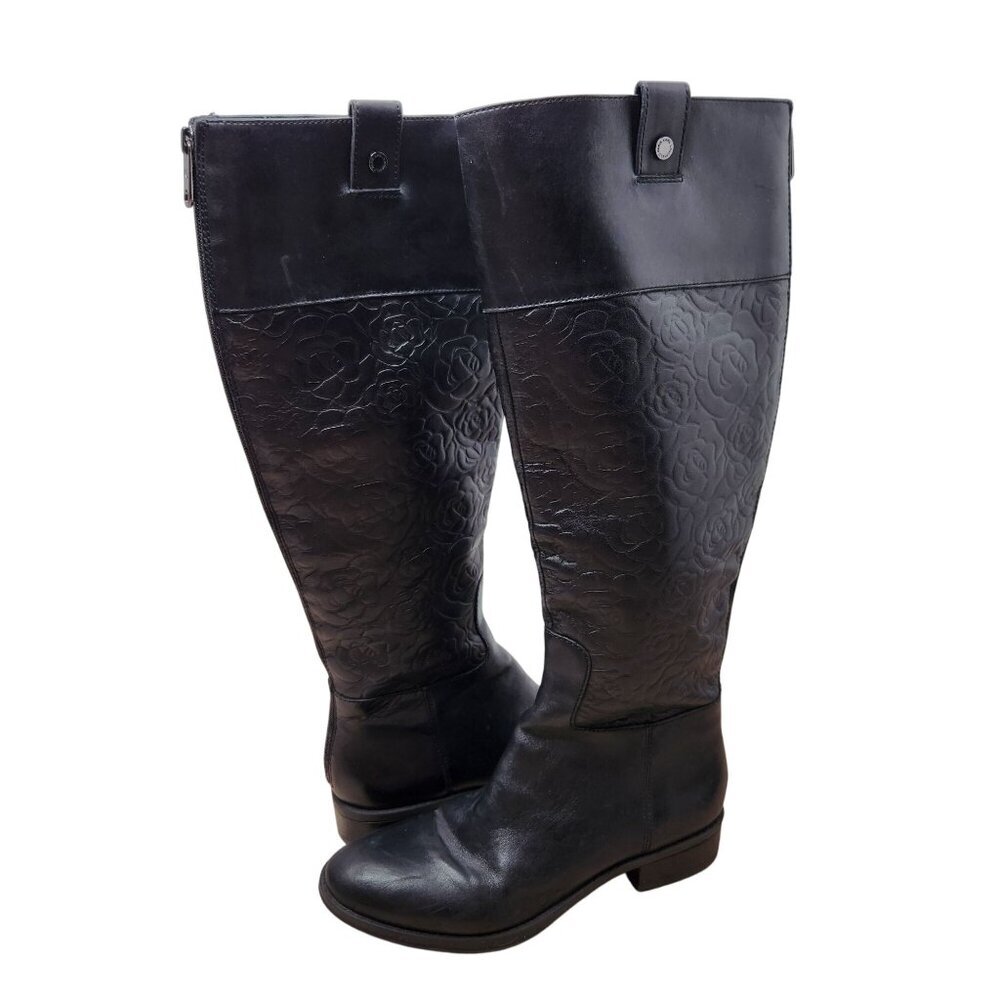 Karl Lagerfeld Paris Maine Black Faux Leather Knee-High Boots Rose Embossed 6